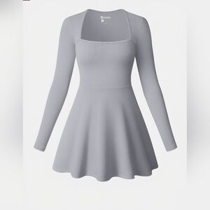 OQq Long Sleeve Square Neck Casual A-Line Mini Dress Xl